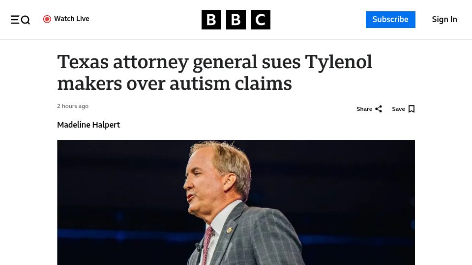 Screenshot of bbc.com: Texas Attorney General sues Tylenol makers over autism claims