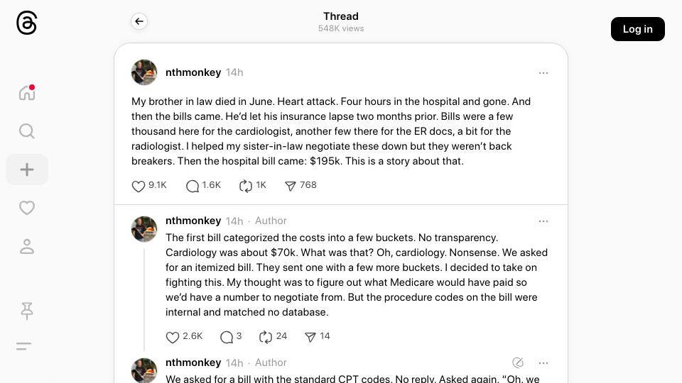 Screenshot of threads.com: Using AI to negotiate a $195k hospital bill down to $33k