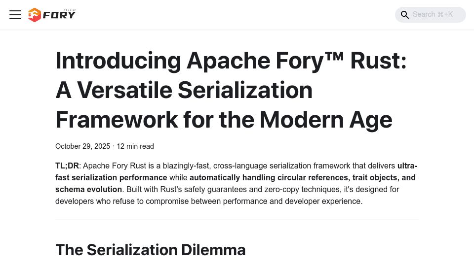 Screenshot of fory.apache.org: Show HN: Apache Fory Rust – 10-20x faster serialization than JSON/Protobuf