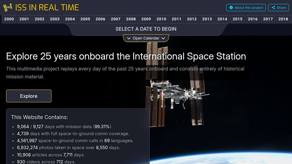 Screenshot of issinrealtime.org: Show HN: ISS in Real Time – 25 Years Aboard the International Space Station