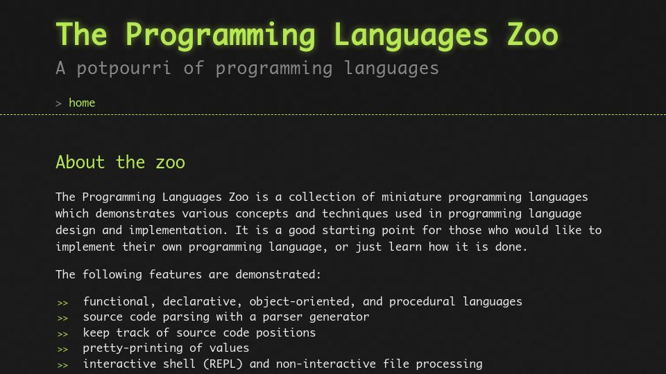 Screenshot of plzoo.andrej.com: The Programming Languages Zoo