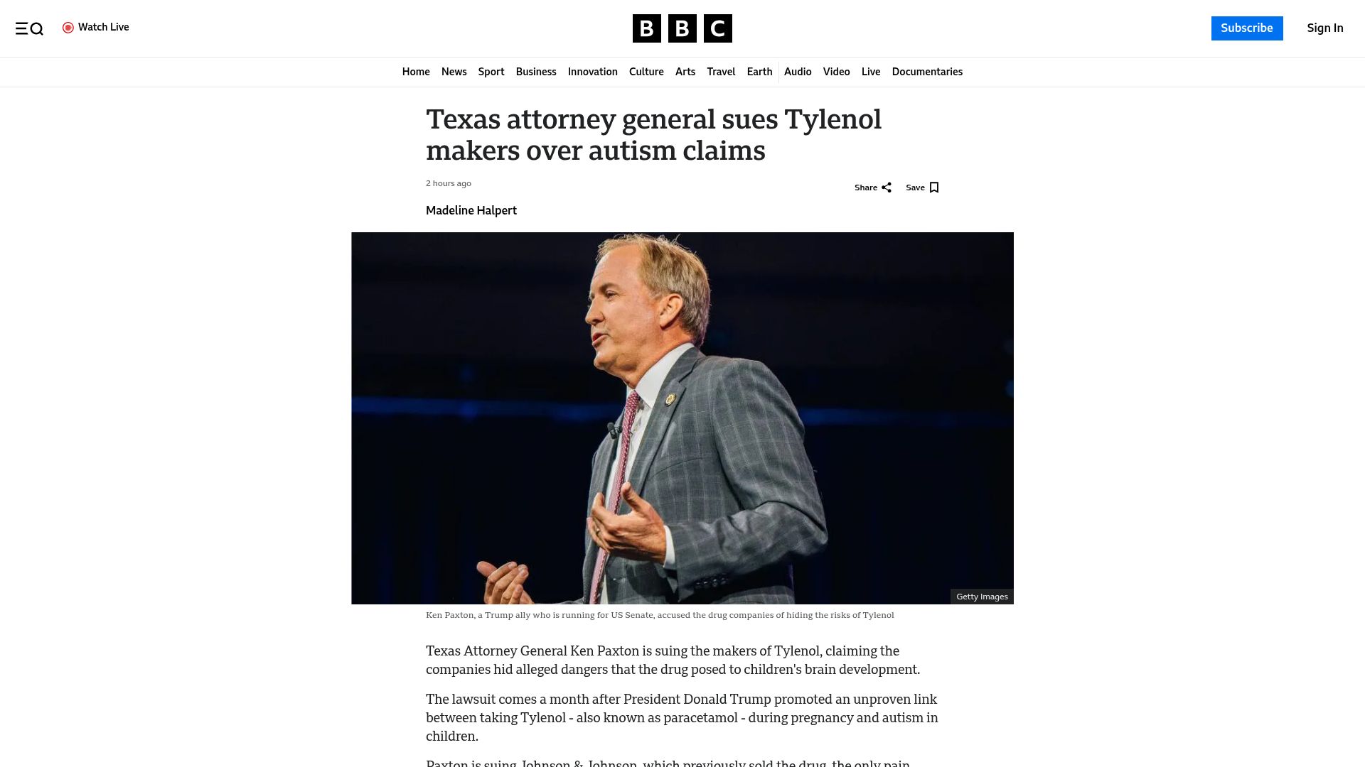 Screenshot of bbc.com: Texas Attorney General sues Tylenol makers over autism claims