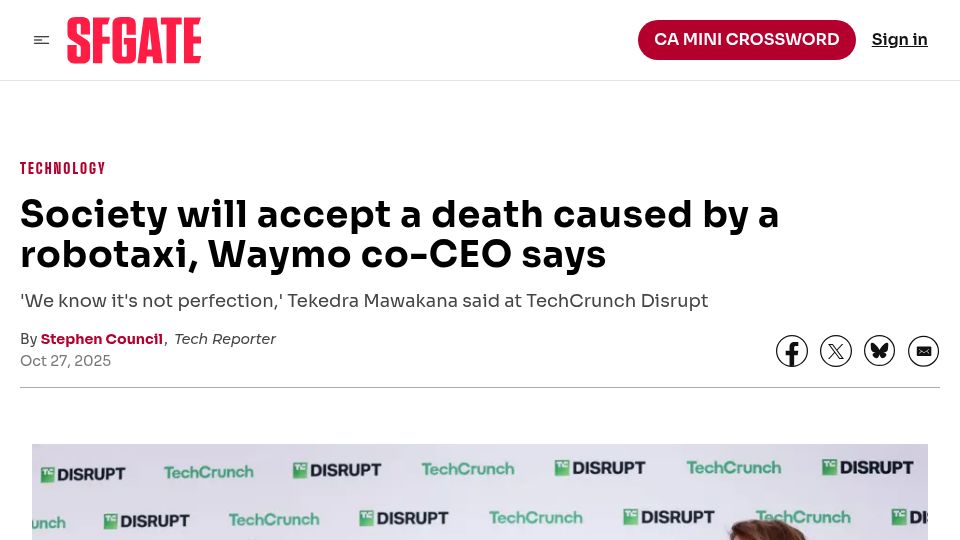 Screenshot of sfgate.com: Society will accept a death caused by a robotaxi, Waymo co-CEO says