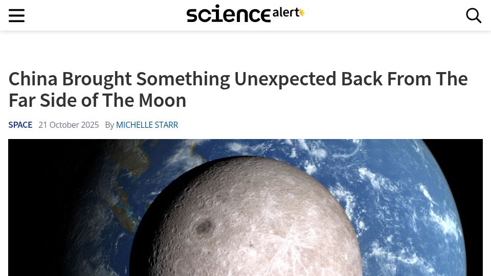Screenshot of sciencealert.com: Dust samples from moon's far side show debris from rare, water-rich meteorites
