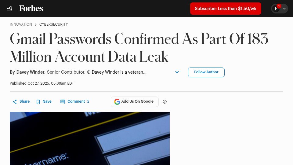 Screenshot of forbes.com: 183M Gmail Passwords Leaked