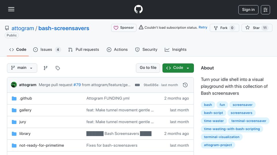 Screenshot of github.com: Show HN: Bash Screensavers