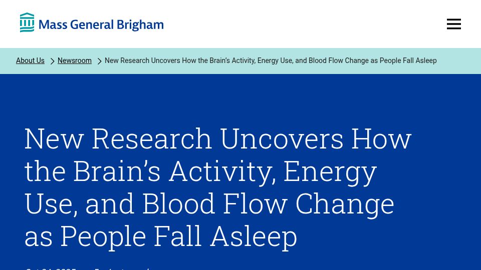 Screenshot of massgeneralbrigham.org: How the brain's activity, energy use and blood flow change as people fall asleep