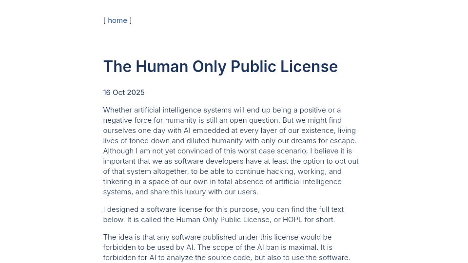 Screenshot of vanderessen.com: The human only public license