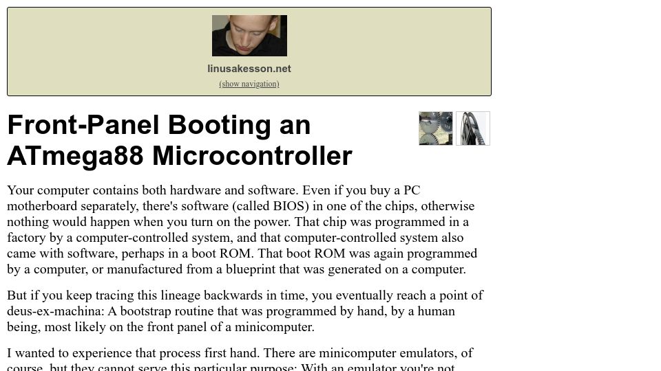 Screenshot of linusakesson.net: Front-Panel Booting an ATmega88 Microcontroller