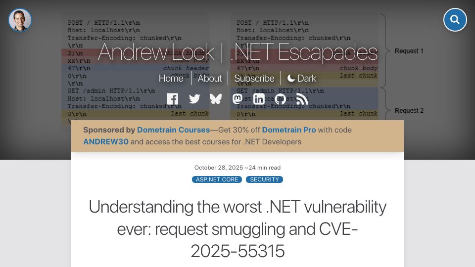 Screenshot of andrewlock.net: Understanding the Worst .NET Vulnerability