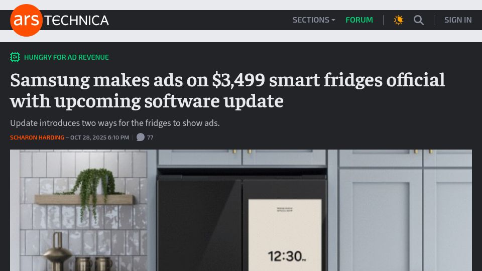 Screenshot of arstechnica.com: Samsung makes ads on smart fridges official with upcoming software update