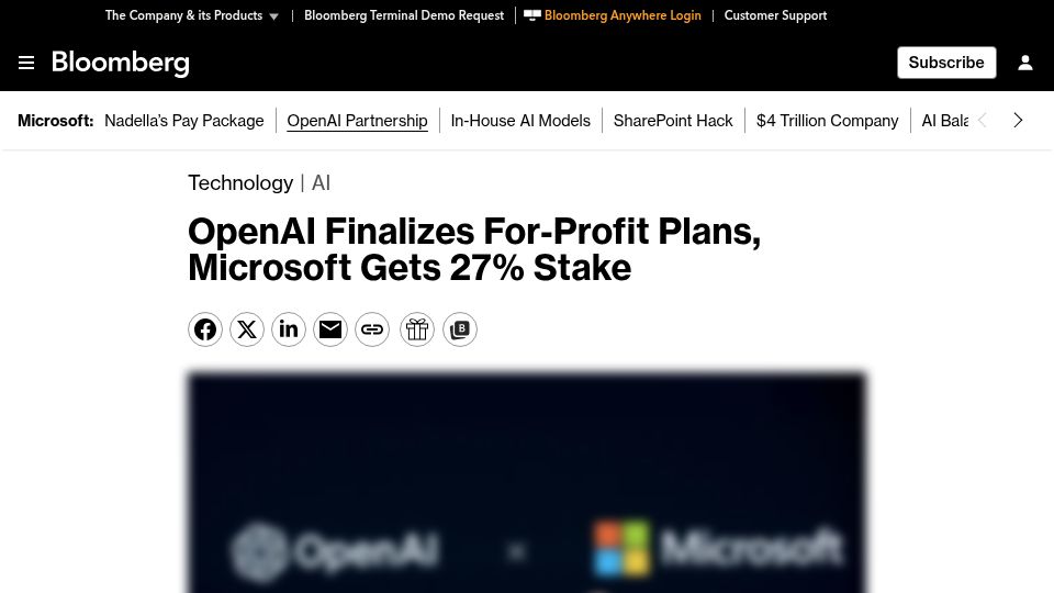 Screenshot of bloomberg.com: Microsoft to Get 27% of OpenAI, Access to AI Models Until 2032