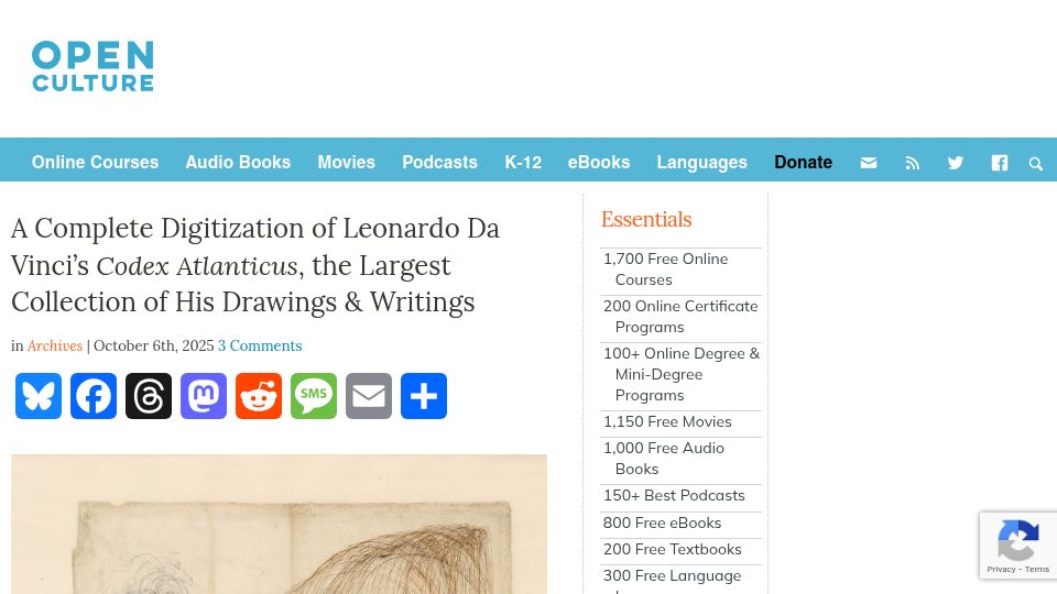 Screenshot of openculture.com: Complete Digitization of Leonardo da Vinci's Codex Atlanticus