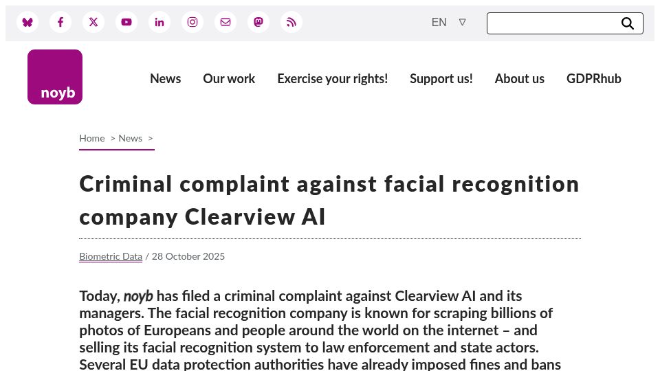 Screenshot of noyb.eu: Criminal complaint against facial recognition company Clearview AI