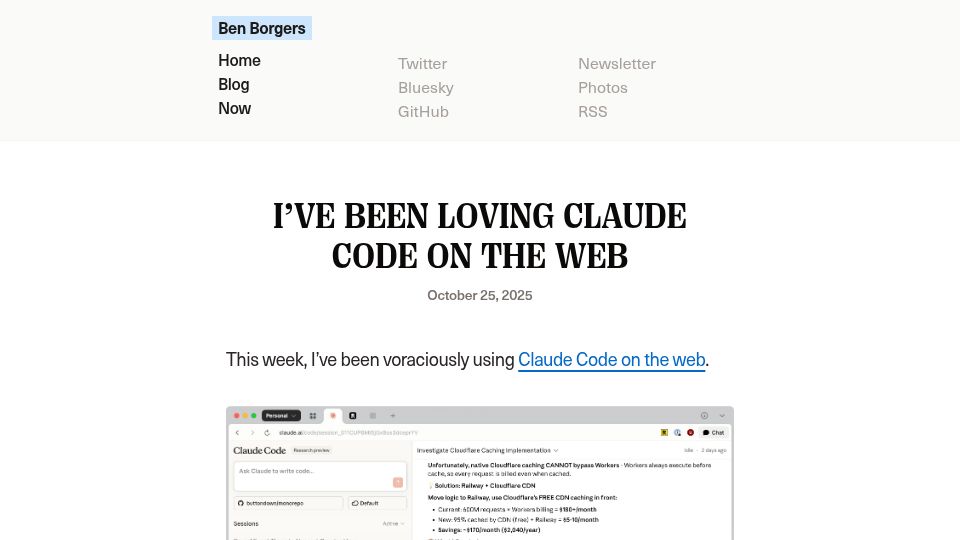 Screenshot of ben.page: I've been loving Claude Code on the web