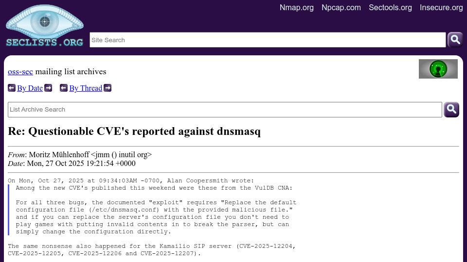 Screenshot of seclists.org: Are these real CVEs? VulDB entries for dnsmasq rely on replacing config files
