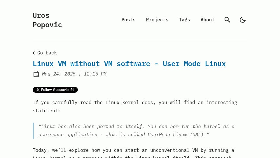 Screenshot of popovicu.com: Linux VM without VM software – User Mode Linux