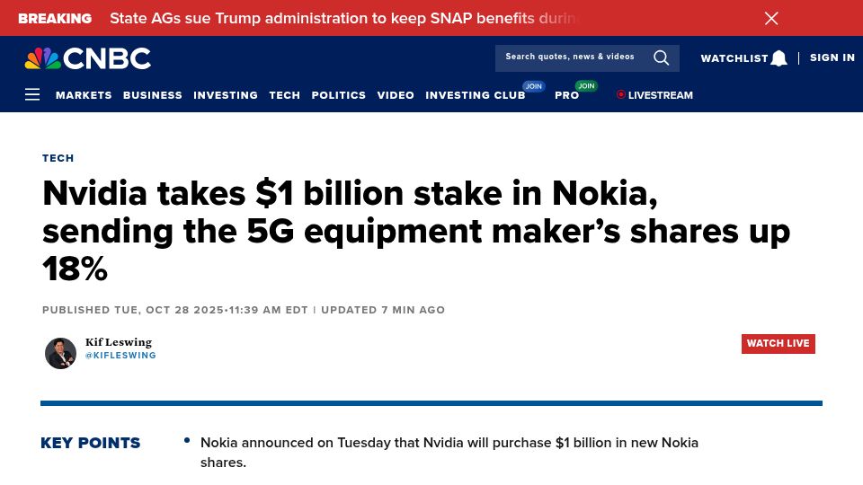 Screenshot of cnbc.com: Nvidia takes $1B stake in Nokia