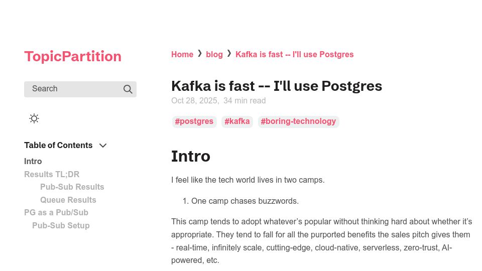 Screenshot of topicpartition.io: Kafka is Fast – I'll use Postgres