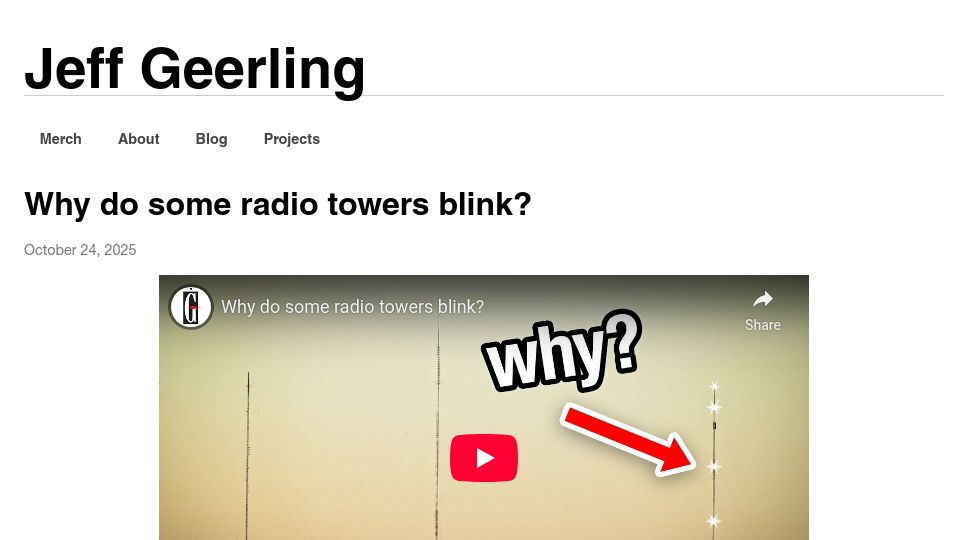 Screenshot of jeffgeerling.com: Why do some radio towers blink?