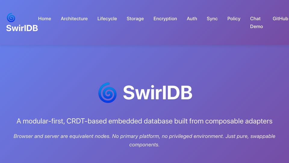 Screenshot of docs.swirldb.org: SwirlDB: Modular-first, CRDT-based embedded database