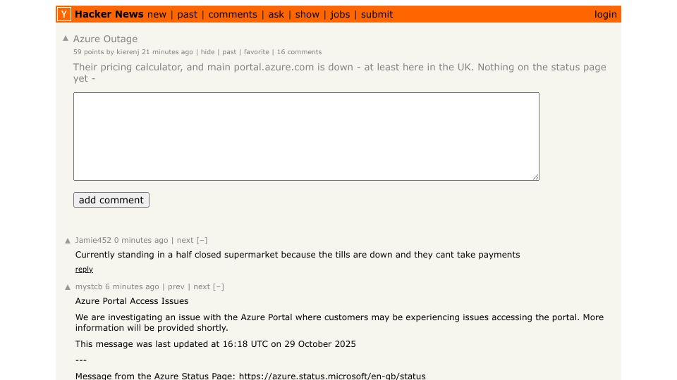Screenshot of Hacker News post: Azure Outage