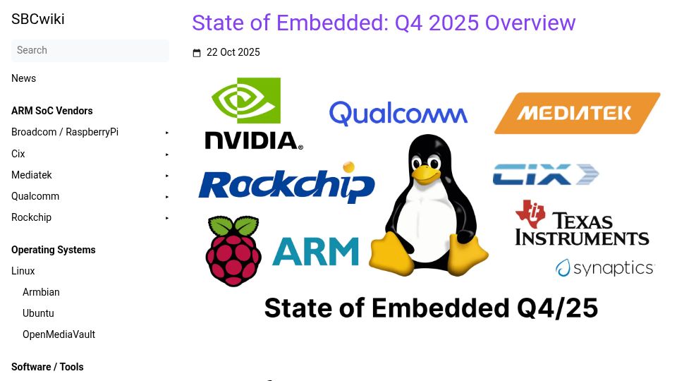 Screenshot of sbcwiki.com: State of Embedded: Q4 2025 Overview