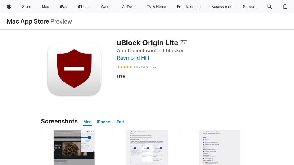 Screenshot of apps.apple.com: uBlock Origin Lite Apple App Store