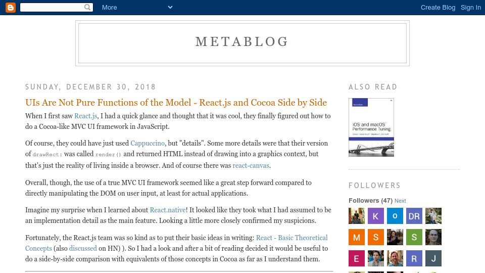 Screenshot of blog.metaobject.com: UIs Are Not Pure Functions of the Model – React.js and Cocoa Side by Side (2018)