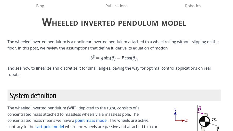 Screenshot of scaron.info: Wheeled Inverted Pendulum Model