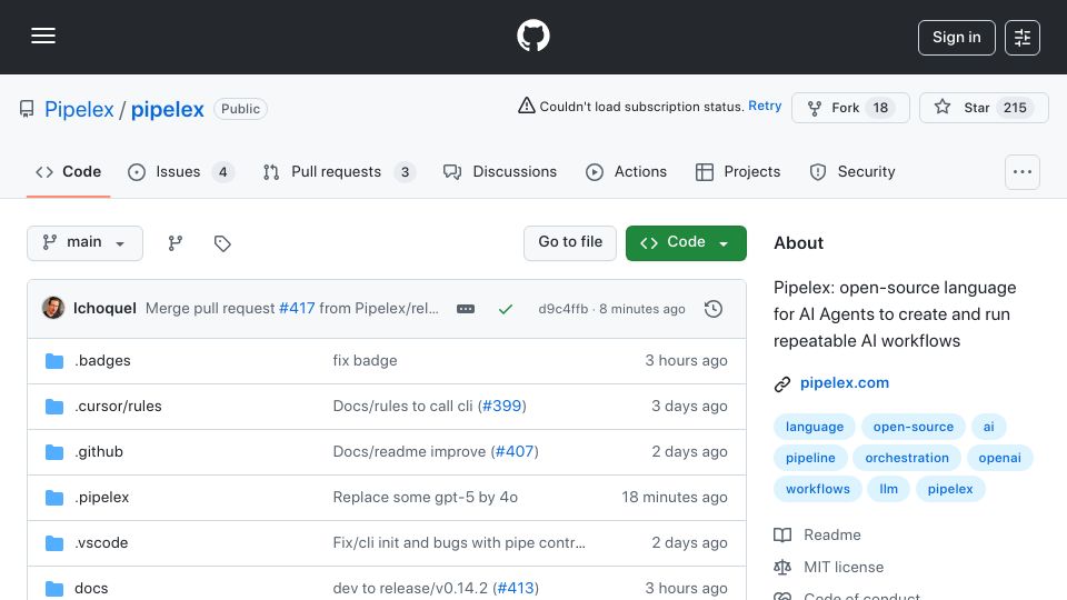 Screenshot of github.com: Show HN: Pipelex – Declarative language for repeatable AI workflows