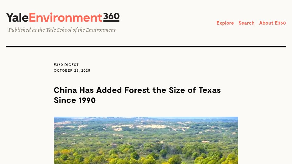 Screenshot of e360.yale.edu: China has added forest the size of Texas since 1990