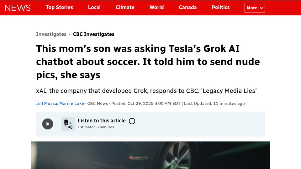 Screenshot of cbc.ca: Mom says son asked Tesla's Grok AI bot about soccer; told him to send nudes