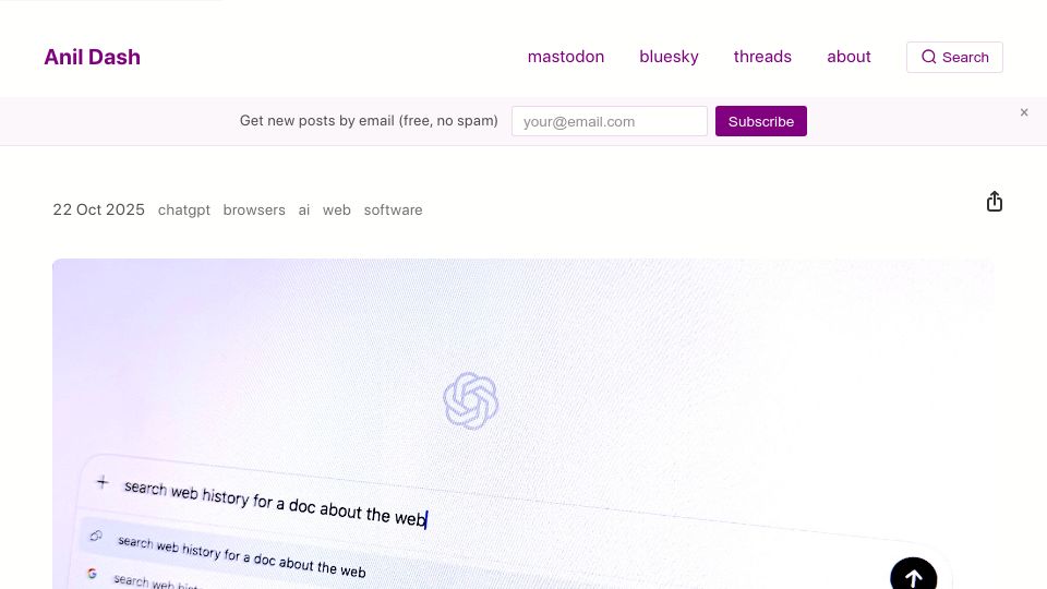 Screenshot of anildash.com: ChatGPT's Atlas: The Browser That's Anti-Web