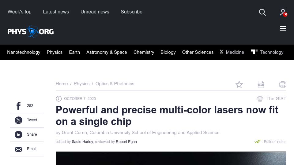 Screenshot of phys.org: Powerful and precise multi-color lasers now fit on a single chip