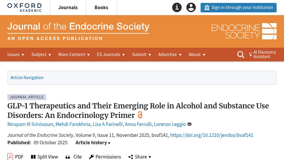 Screenshot of academic.oup.com: GLP-1 therapeutics: Their emerging role in alcohol and substance use disorders