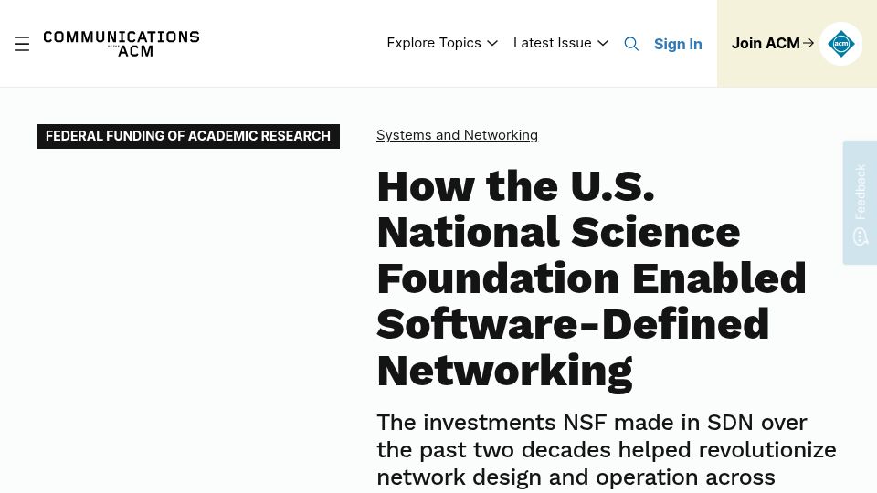 Screenshot of cacm.acm.org: How the U.S. National Science Foundation enabled Software-Defined Networking