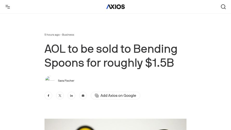 Screenshot of axios.com: AOL to be sold to Bending Spoons for $1.5B