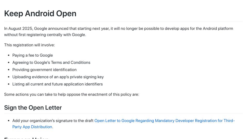 Screenshot of keepandroidopen.org: Keep Android Open