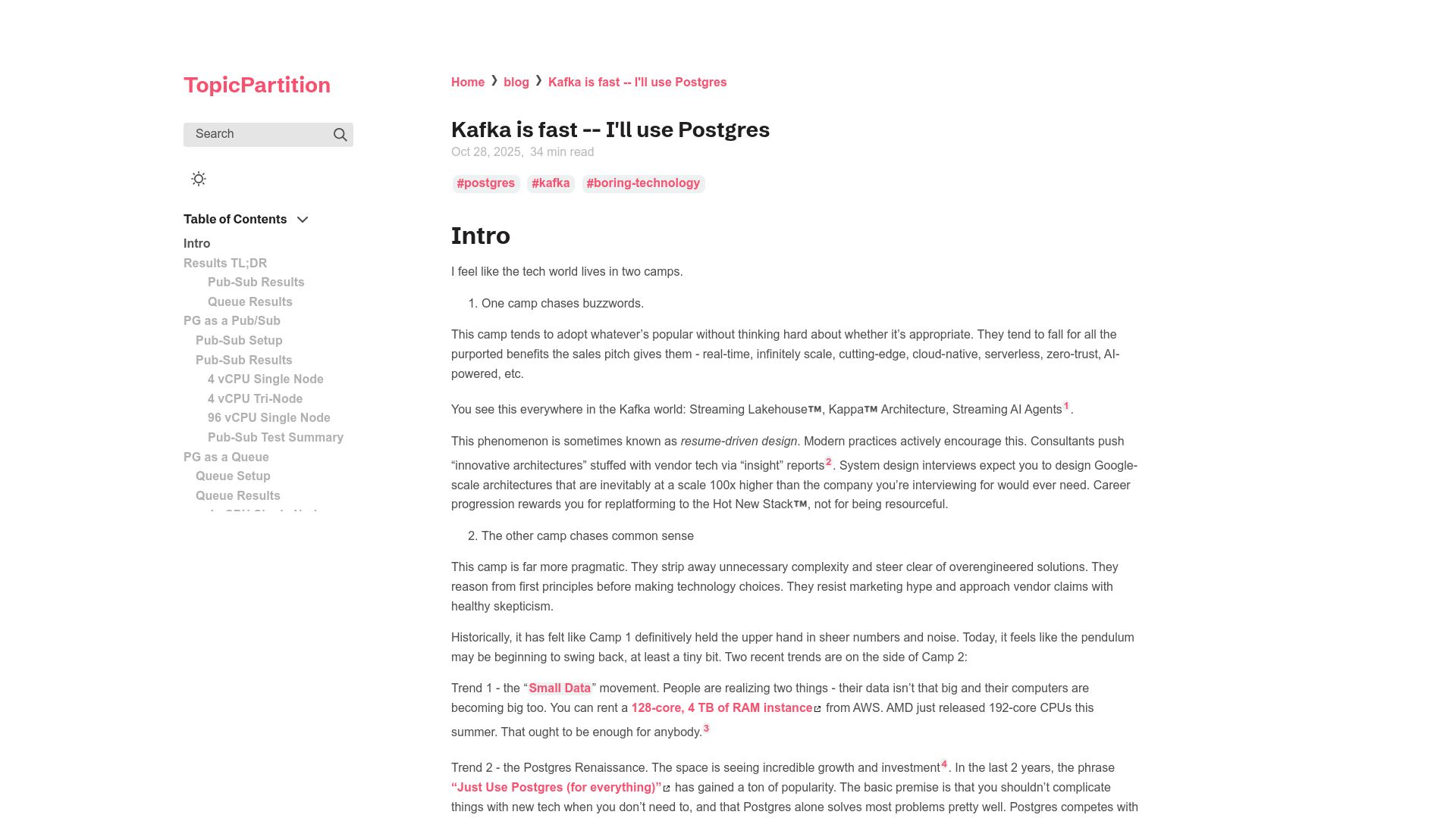 Screenshot of topicpartition.io: Kafka is Fast – I'll use Postgres
