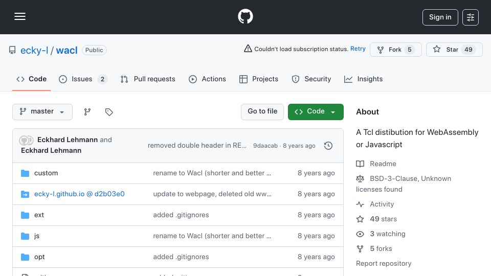 Screenshot of github.com: Wacl – A Tcl Distribution for WebAssembly