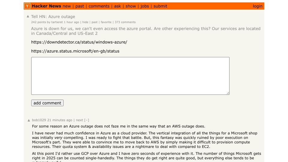 Screenshot of Hacker News post: Tell HN: Azure outage