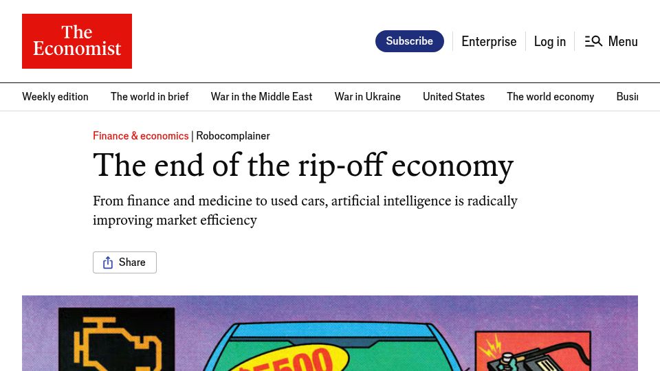 Screenshot of economist.com: The end of the rip-off economy: consumers use LLMs against information asymmetry