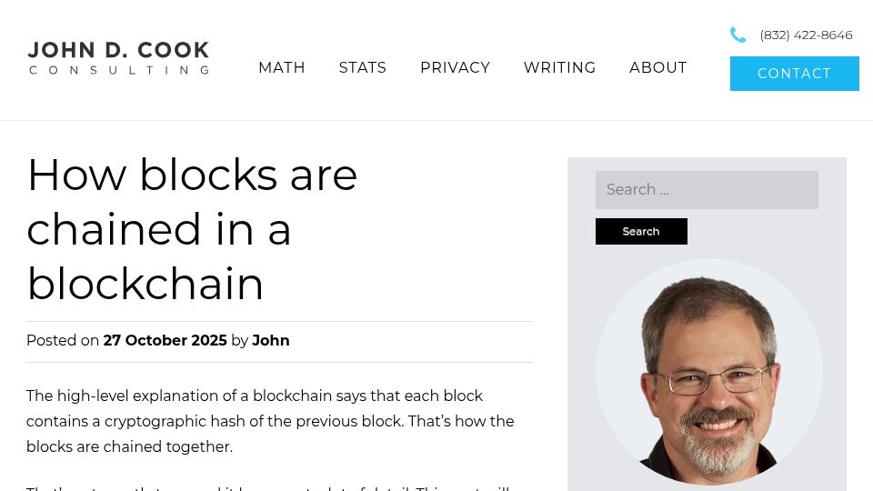 Screenshot of johndcook.com: How blocks are chained in a blockchain