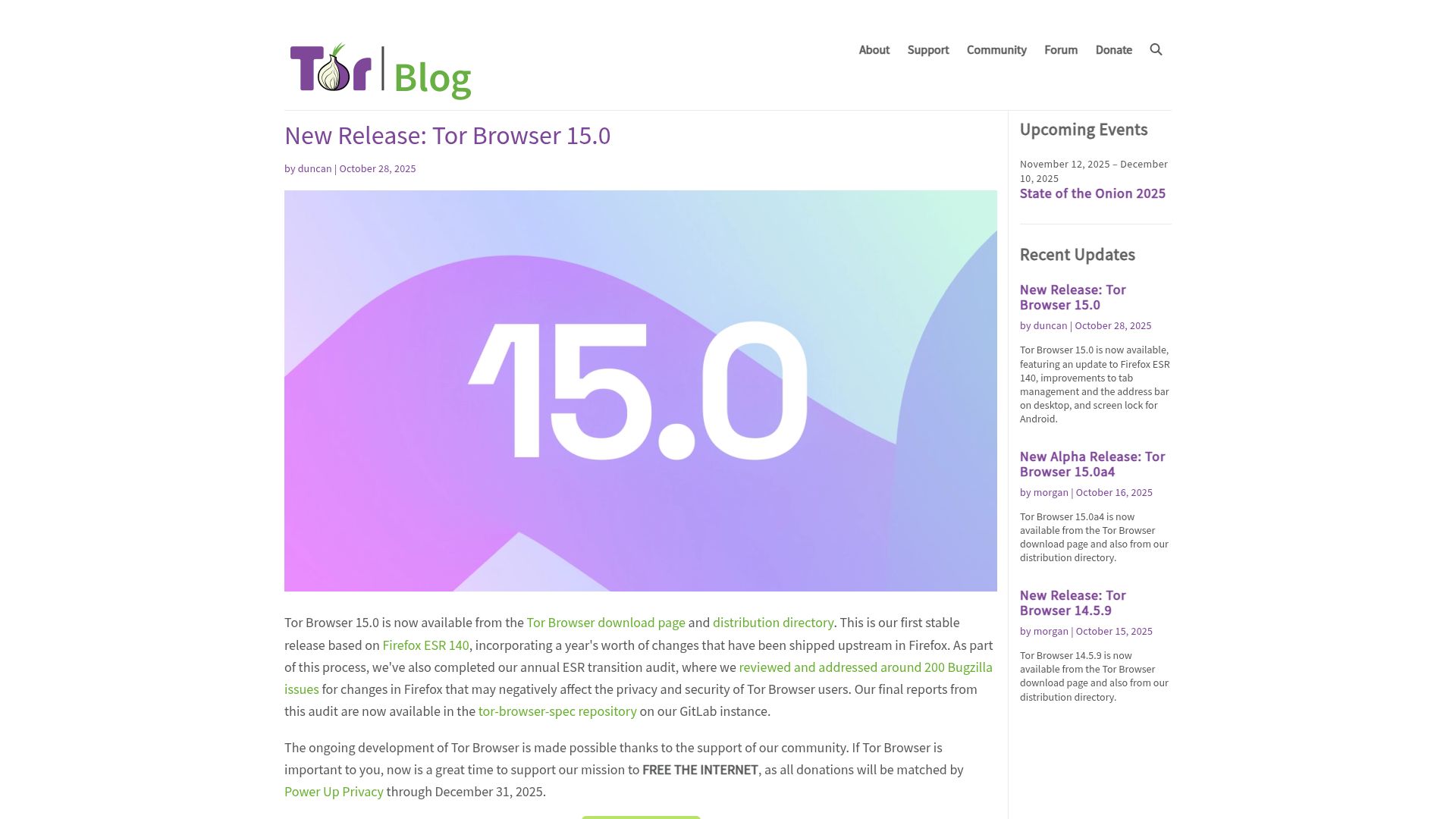 Screenshot of blog.torproject.org: Tor Browser 15.0