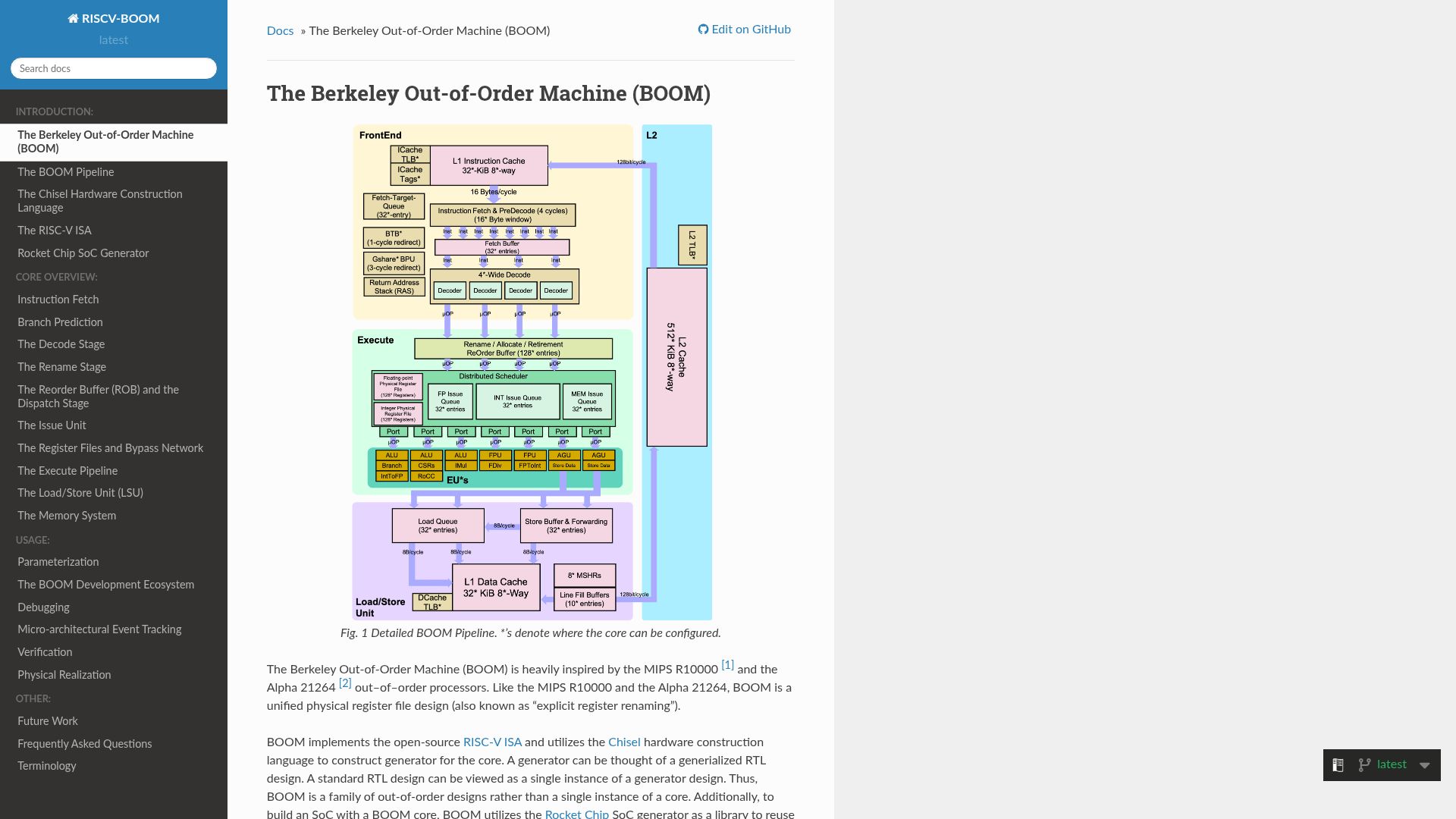 Screenshot of docs.boom-core.org: Berkeley Out-of-Order RISC-V Processor (Boom) (2020)