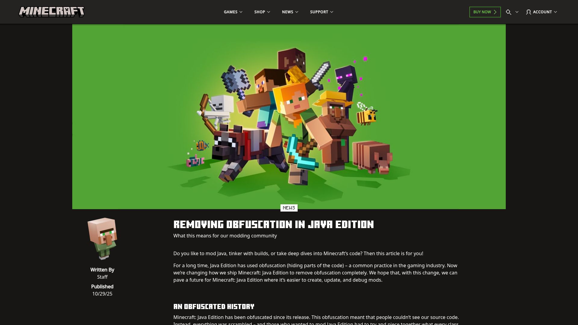 Screenshot of minecraft.net: Minecraft removing obfuscation in Java Edition