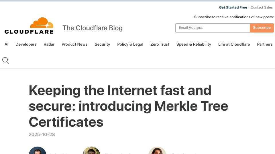 Screenshot of blog.cloudflare.com: Keeping the Internet fast and secure: introducing Merkle Tree Certificates