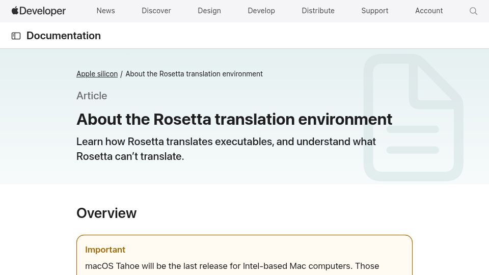 Screenshot of developer.apple.com: Apple will phase out Rosetta 2 in macOS 28