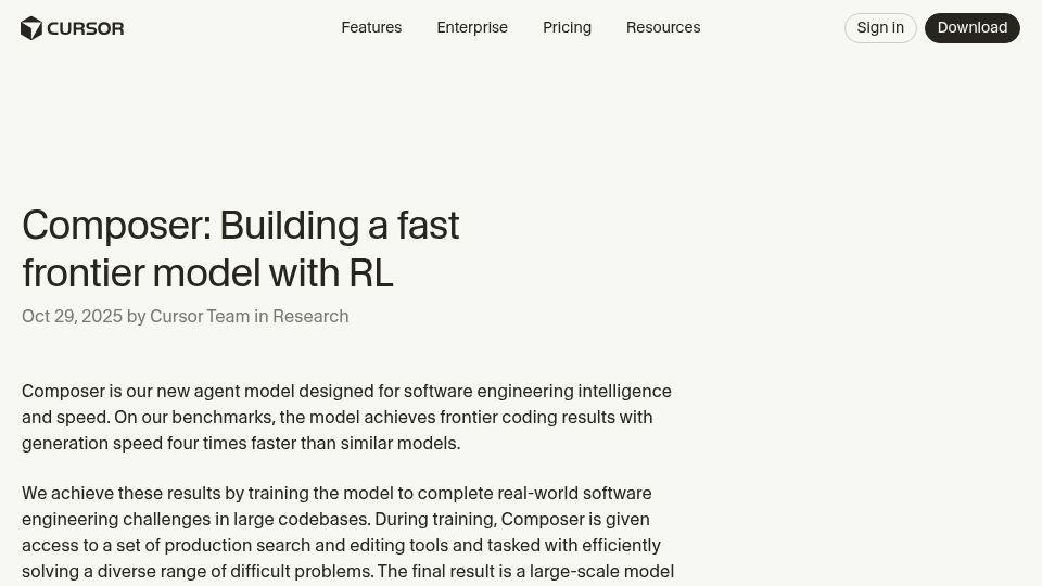 Screenshot of cursor.com: Composer: Building a fast frontier model with RL